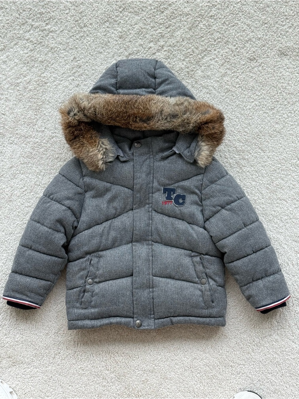 Tartine et Chocolat Kids Grey Puffer Jacket with Genuine Fur Hood